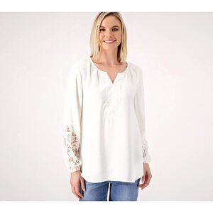 Susan Graver Stretch Satin Y-Neck Tunic Lace Detail Petite XL PXL Ivory A516343